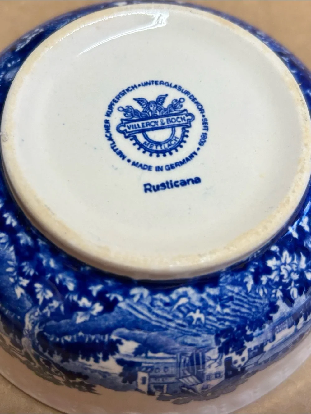 Villeroy & Boch 1960’s Blue and White Two-Handled Scenic Soup Bowl